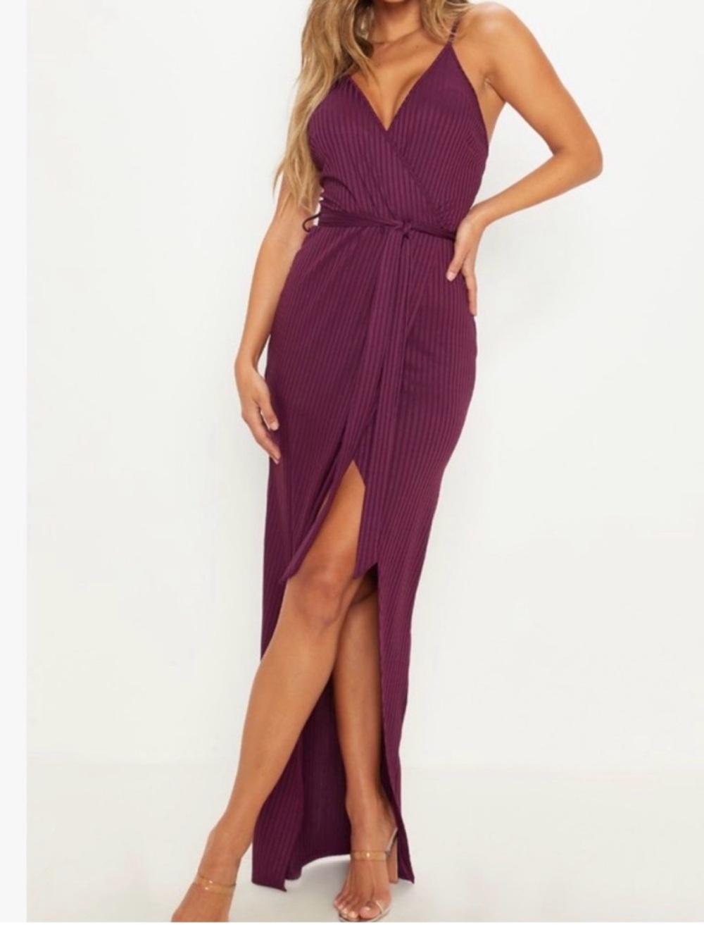 PrettyLittleThing Plum Ribbed Wrap Maxi Dress